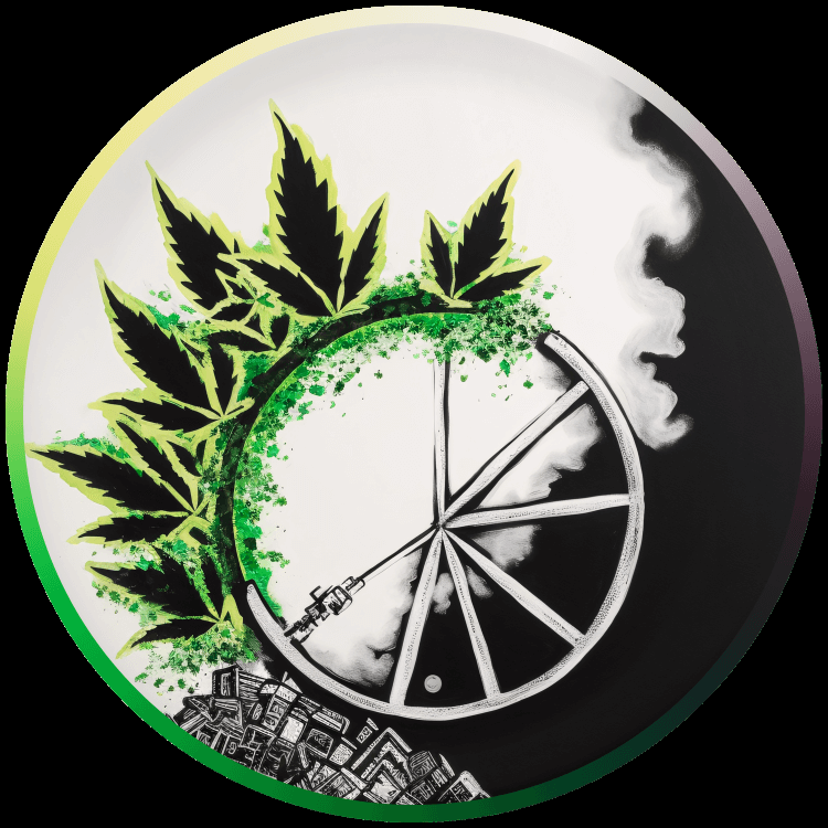 Ein mit AI-Generiertes Bild eines brennendes Reifens, dessen Flammen wie Cannabisblätter aussehen, welches stellvertretend für den Strain 